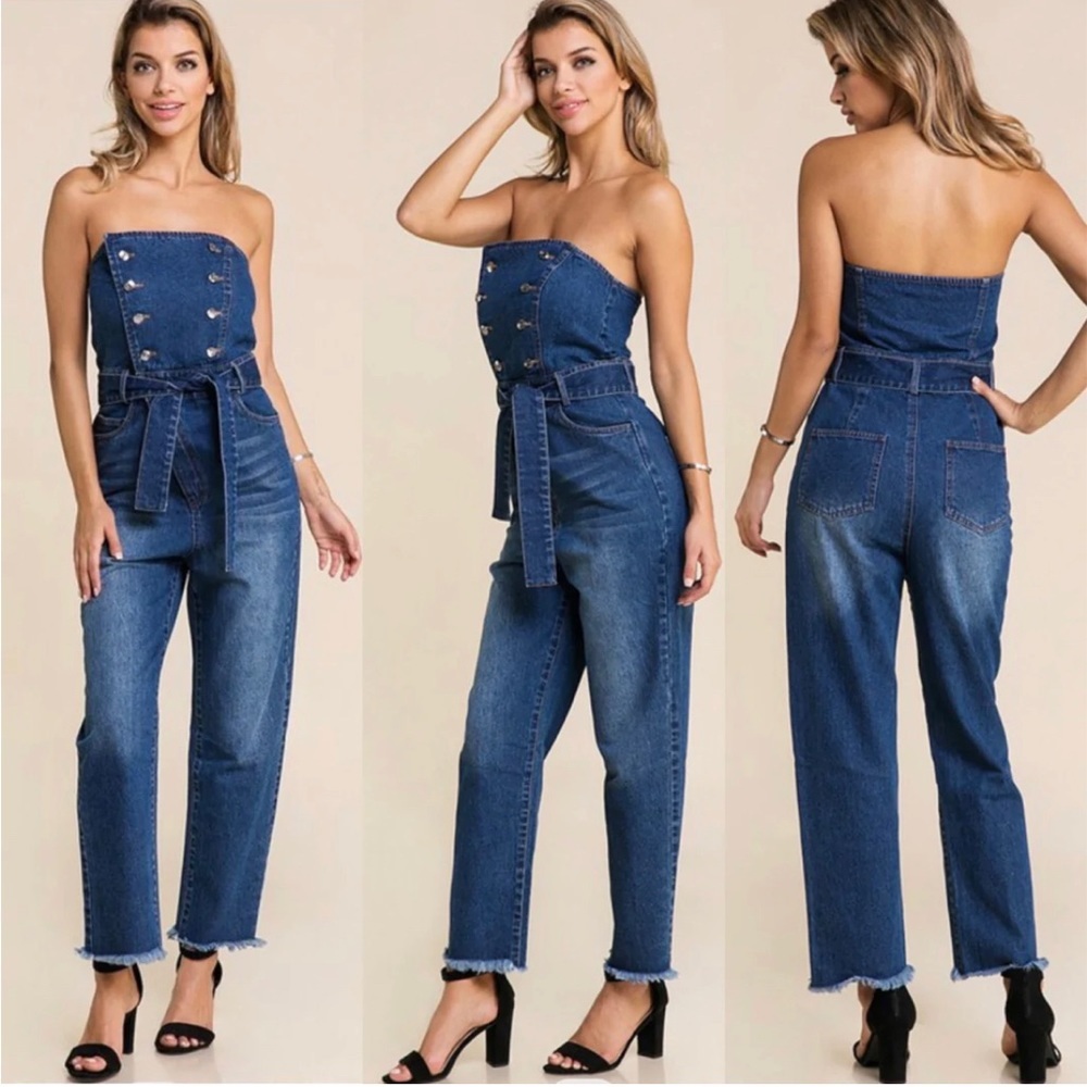 Tube Front Denim Jumpsuit